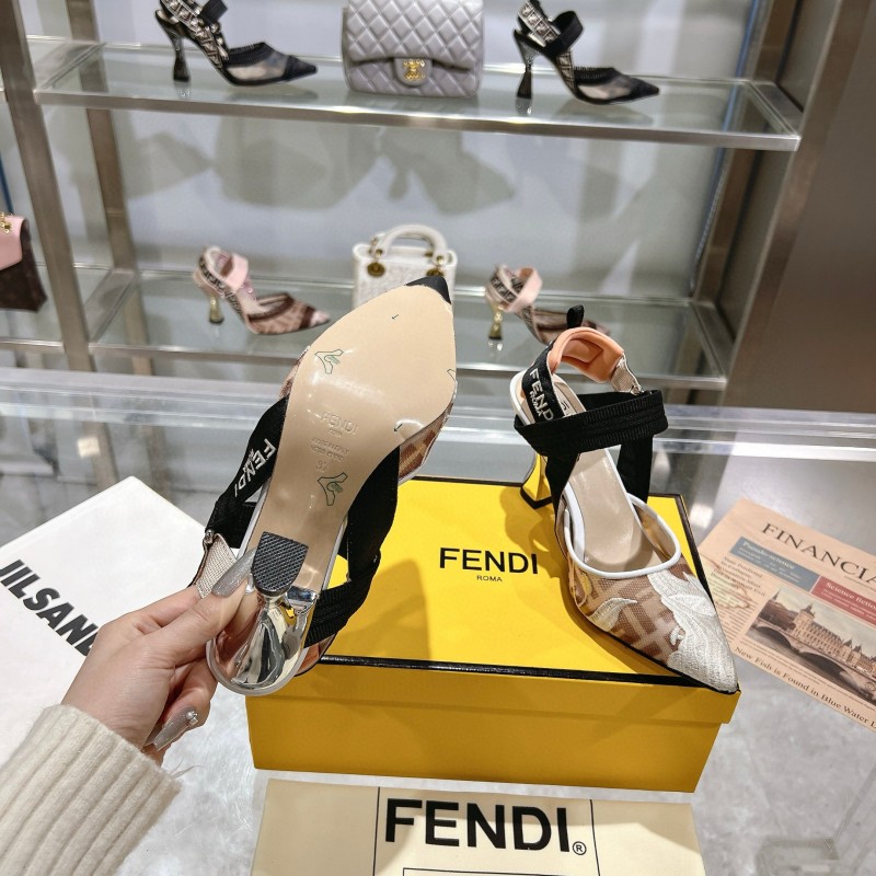 2025 Women Fendi Beige Black Mesh Leather Heels MJ00280