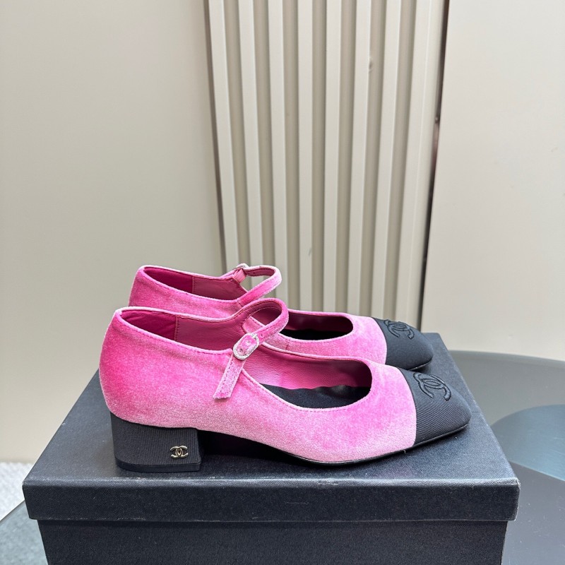 2025 Women Chanel Pink Black Velvet Mary Jane Shoes