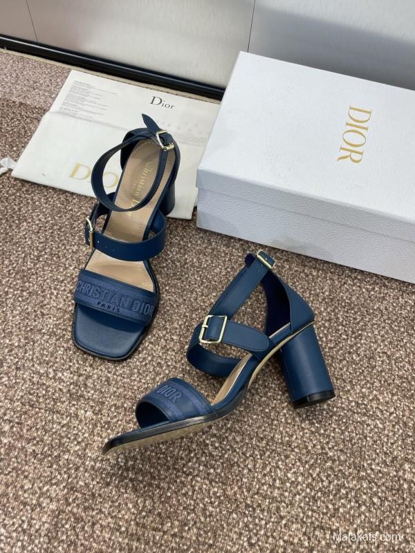2025 Women Dior Navy Blue Leather Sandals Ankle Strap KFY00310