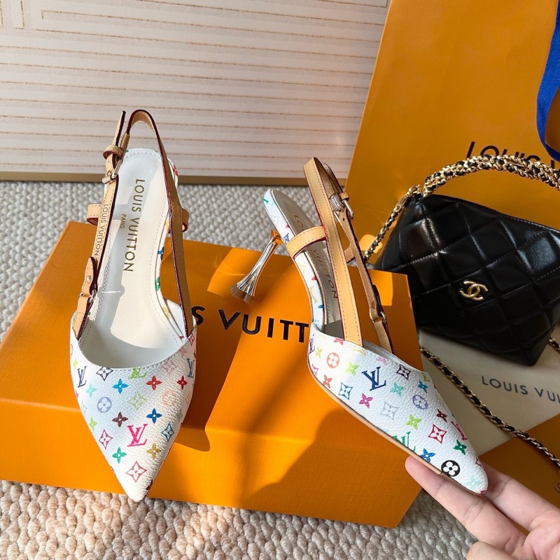 2025 Women Louis Vuitton White Multicolor Canvas Leather Slingback Pumps