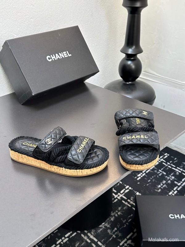 2025 Slippers Chanel Black Leather Cork Sole Sandal LY00250
