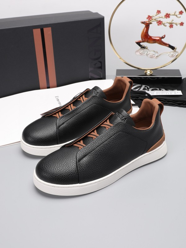 2024 Men Ermenegildo Zegna Black Brown Leather Sneakers MJ00240