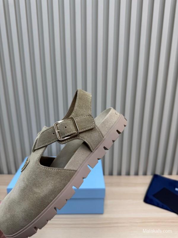 2025 Women Prada Khaki Suede Sandals LY00280