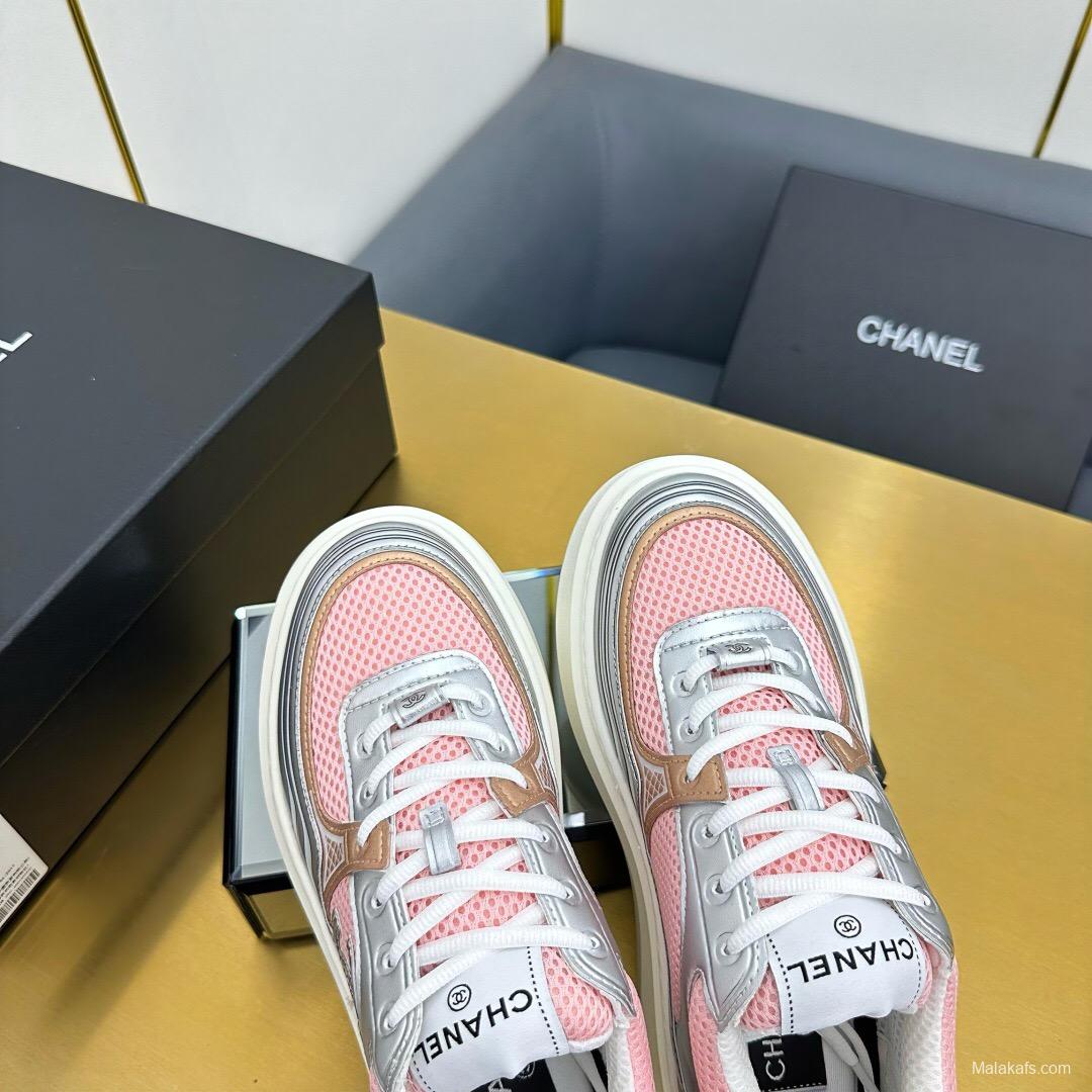 2025 Women Chanel Pink Silver Leather Mesh Sneakers