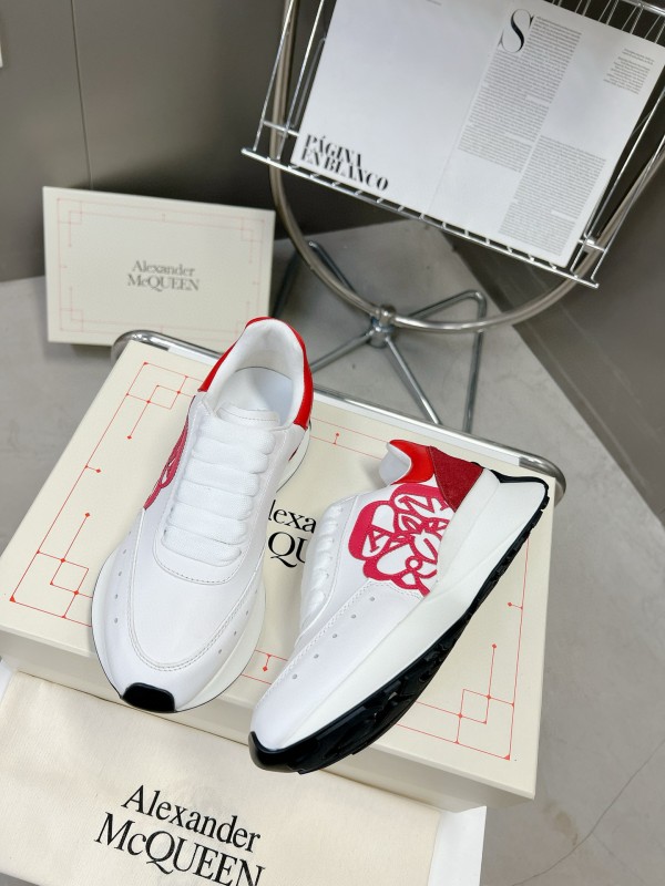 2024 Unisex Alexander McQueen White Red Leather Suede Sneakers MJ00370
