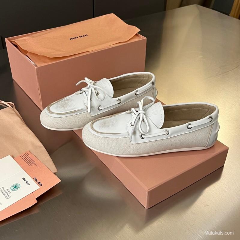 2025 Women Miu Miu White Leather Loafers LY00230