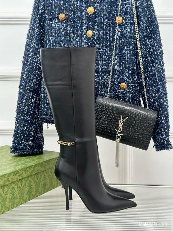 2024 Women Gucci Black Leather Boots Chain Detail MJ00550