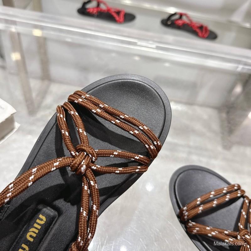 2025 Women Miu Miu Brown Rope Leather Sandals