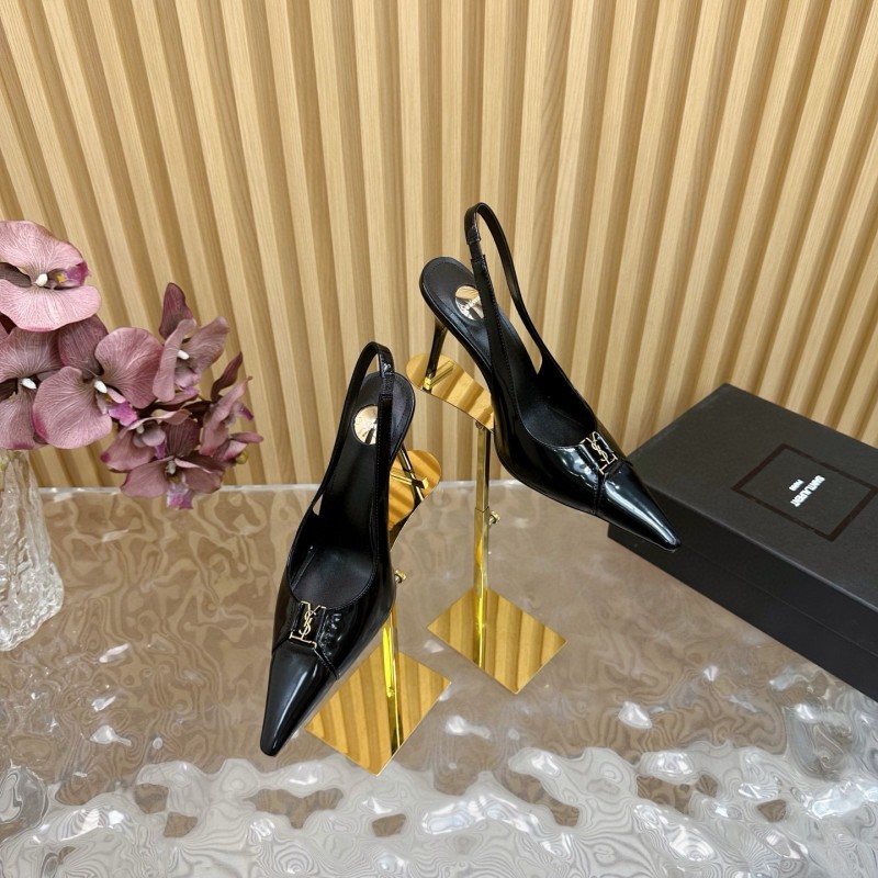 2025 Women Yves Saint Laurent Black Patent Leather Slingback Heels