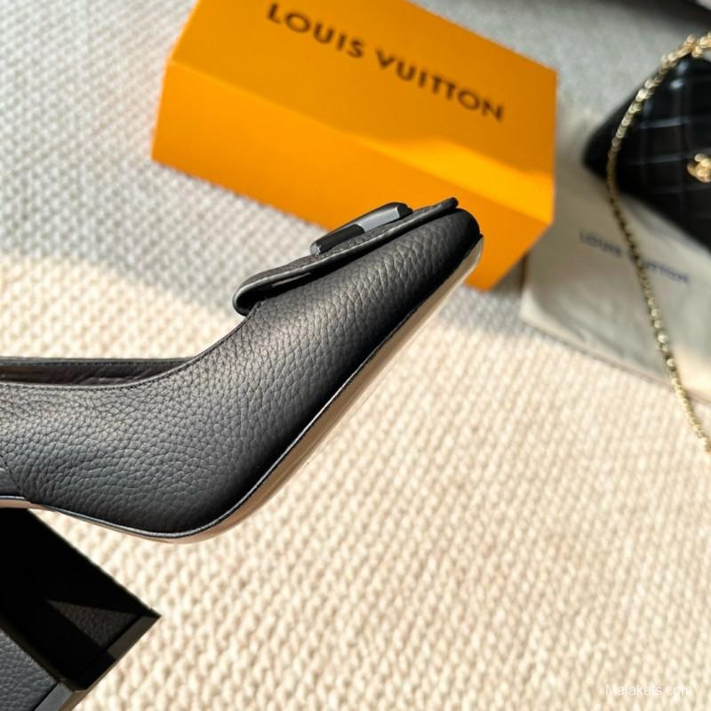 2024 Women Louis Vuitton Black Leather Slingback Heels