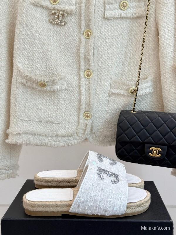 2025/Women Chanel White Lace Espadrille Slide Sandals Handwoven Jute Sole KFY00240(F)