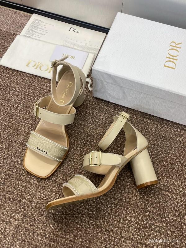 2025 Women Dior Beige Leather Embroidered Sandals