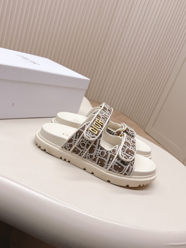 2025 Women Dior Brown Beige Canvas Leather Sandals LY