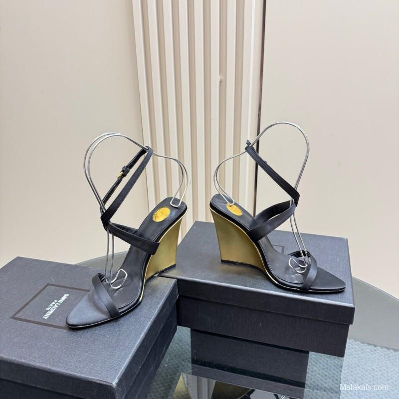 2025 Women Yves Saint Laurent Black And Gold Wedge Sandals Premium Leather Elegant Design LY00360(F)