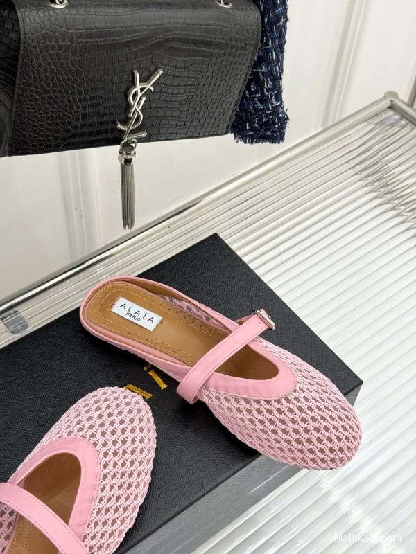 2025 Slippers AlAIA Pink Mesh Leather Mule