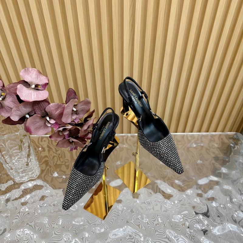 2024 Women Yves Saint Laurent Black Silk Slingback Pumps Crystal Embellishment MJ00320