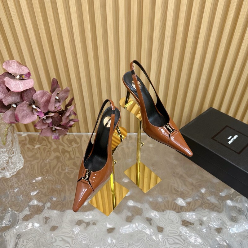 2025 Women Yves Saint Laurent Brown Patent Leather Slingback Heels