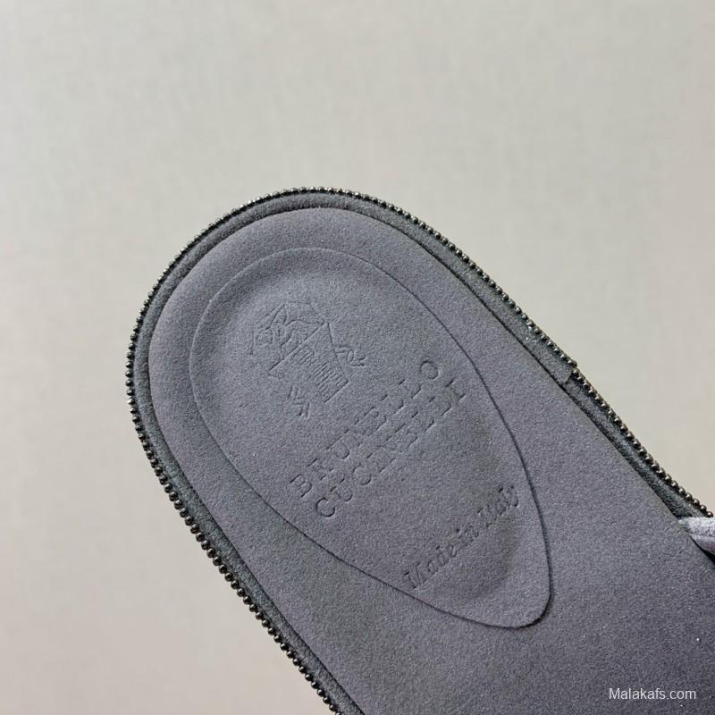 2025 Women BRUNELLO CUCINELLI Grey Suede Platform Slide Sandals Elegant Craftsmanship LY00360(F)