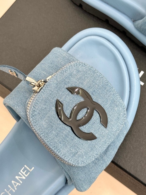 2025 Slippers Chanel Light Blue Denim Slippers KFY00220