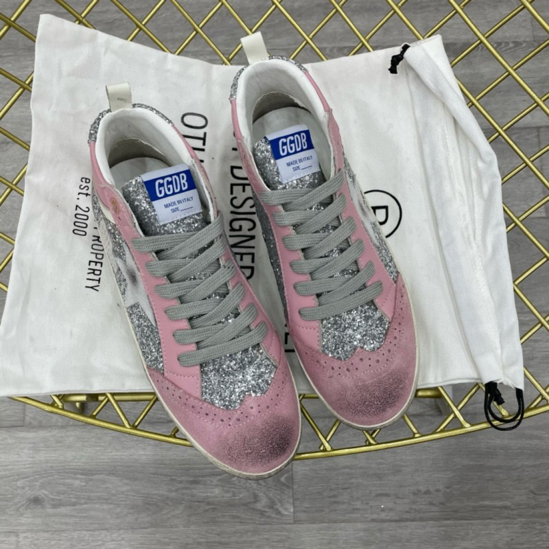 2024 Women GGDB Pink Silver Suede Leather High Top Sneakers MJ00300