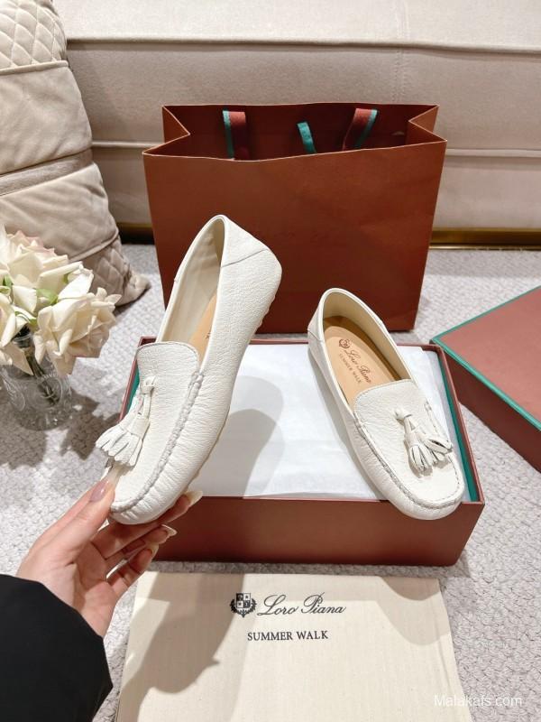 2025 Women Le Parmentier White Leather Loafers Tassel LY00291