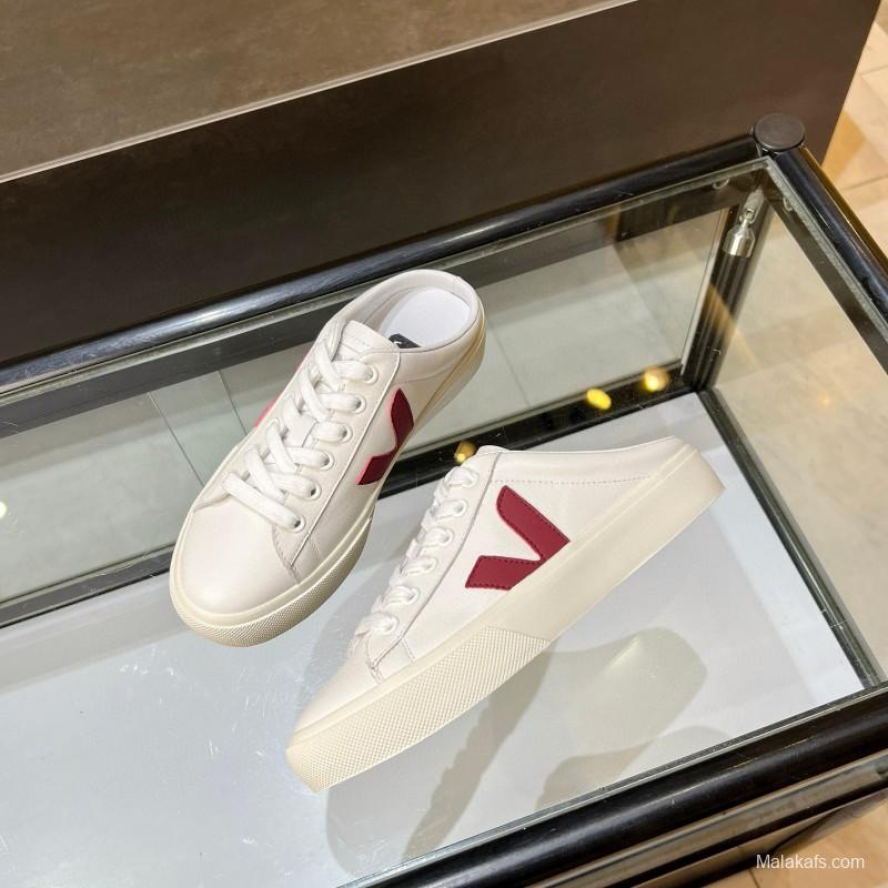 2025 Women VEJA White Burgundy Canvas Leather Slip-On Sneakers