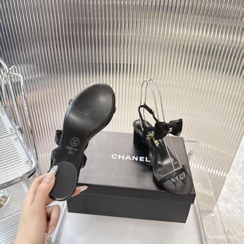 2025 Women Chanel Black Lambskin Bowknot Sandals LY00260