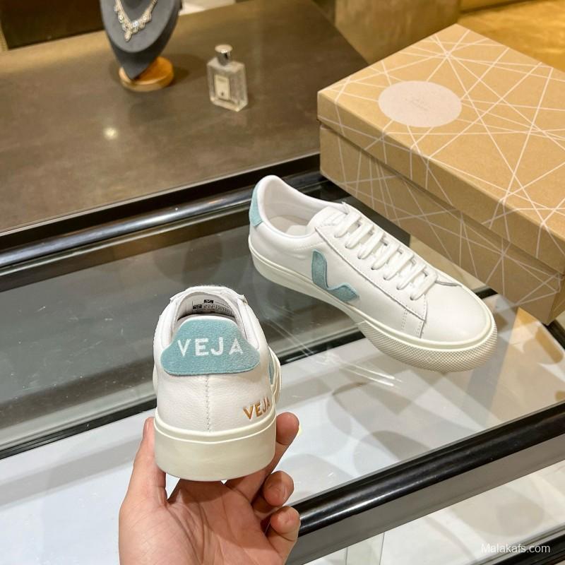2025 Unisex VEJA White Blue Leather Canvas Sneakers Vulcanized MJ00240