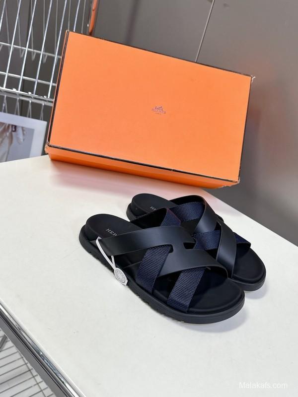 2025 Unisex Hermès Black Leather Fabric Slippers