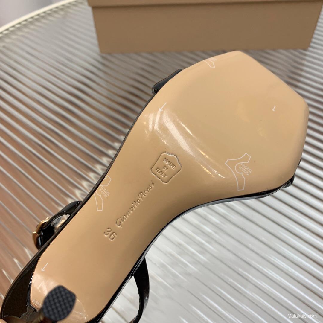 2025 Women Gianvito Rossi Black Patent Leather Slingback Sandals