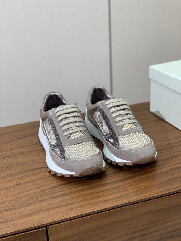 2025 Women Brunello Cucinelli Beige Brown Mesh Leather Sneakers