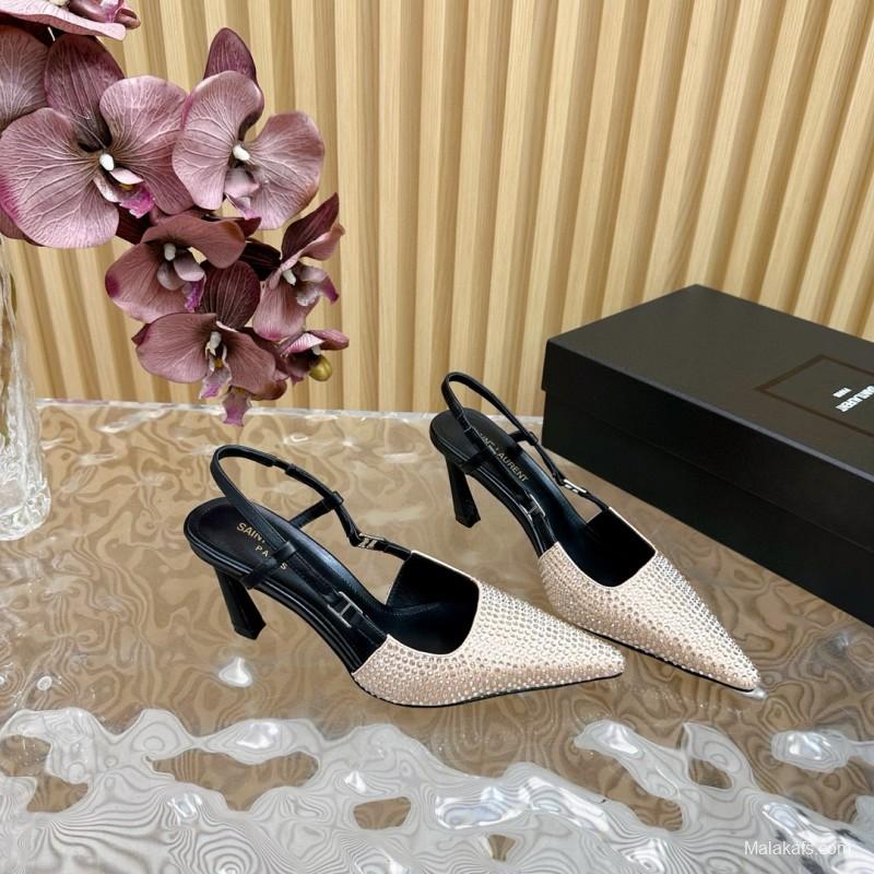 2024 Women Yves Saint Laurent Beige Rhinestone Silk Slingback Pumps MJ00320