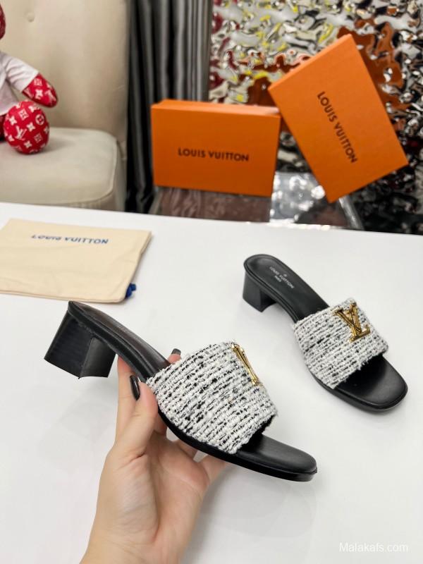 2025 Women Louis Vuitton Black White Tweed Heels LY00220