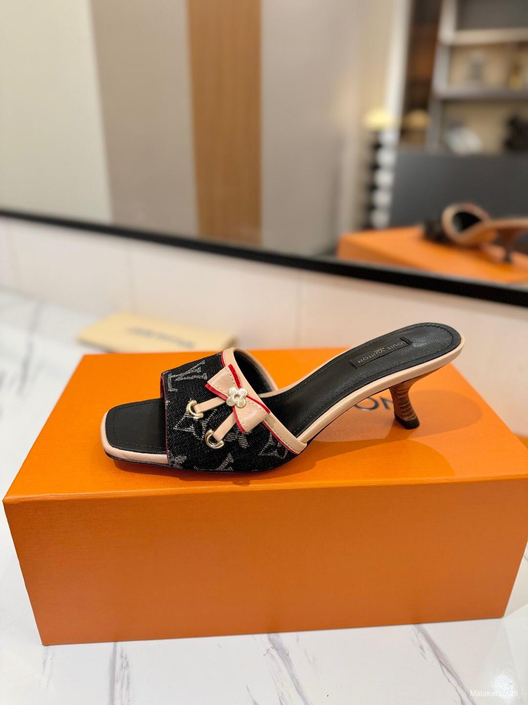 2025 Women Louis Vuitton Black Beige Denim Sandals LV Element KFY00310