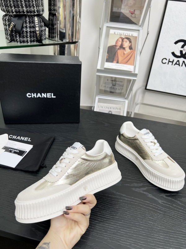 2025 Women Chanel White Gold Leather Suede Sneakers LY00270