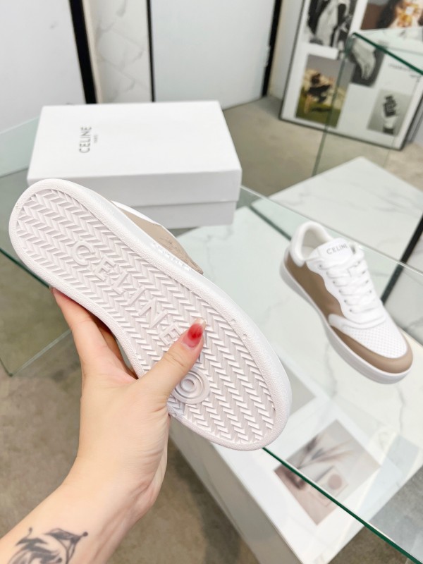2025 Women Celine White Beige Leather Sneakers BLOCK TRIOMPHE KFY00260