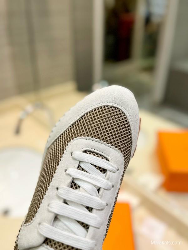 2024 Women Hermès beige white mesh leather sneakers