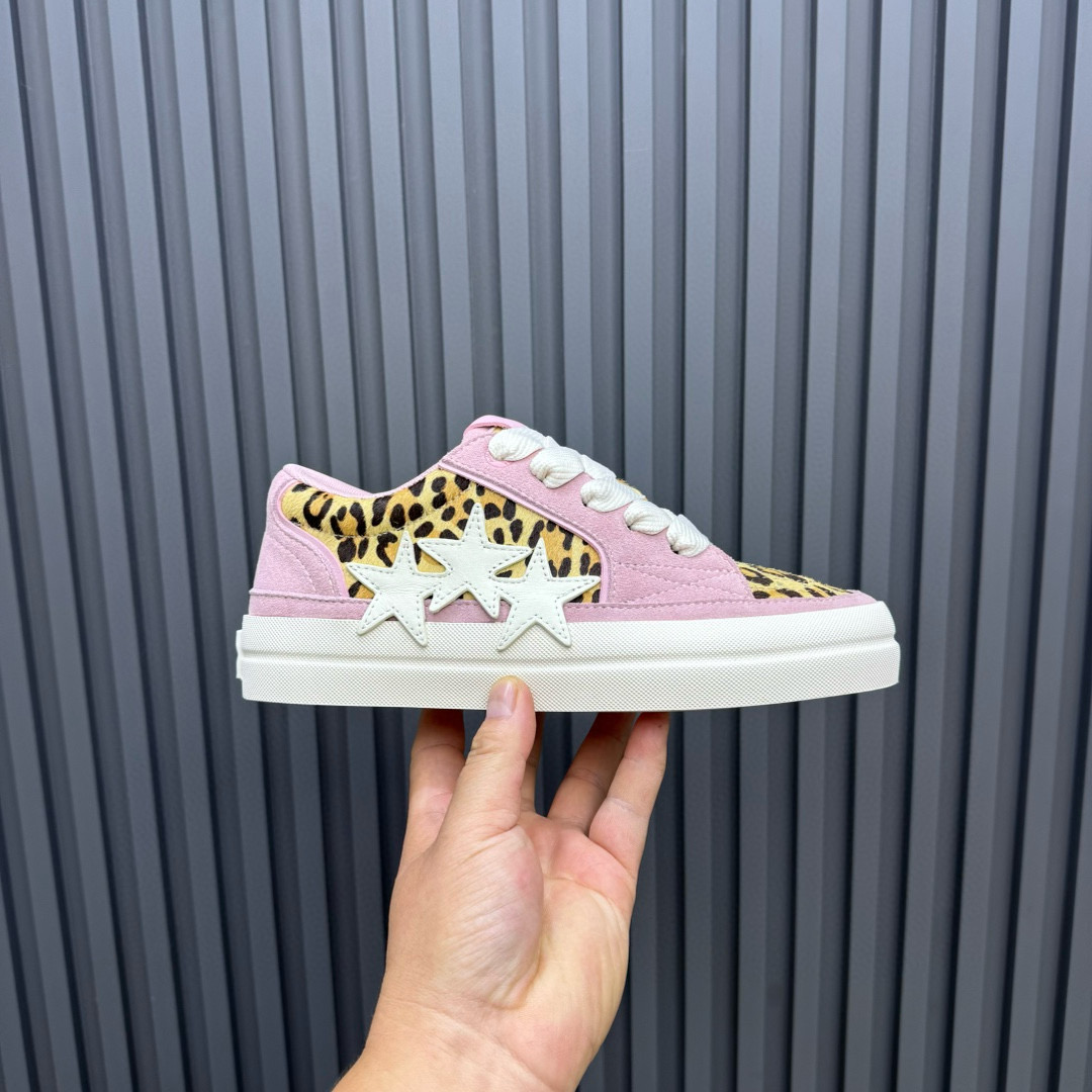 2024 Women Amiri Pink Leopard Canvas Leather Sneakers MJ00300