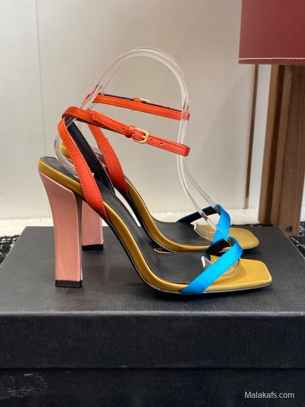 2025 Women Yves Saint Laurent Orange Black Blue Leather High Heel Sandals