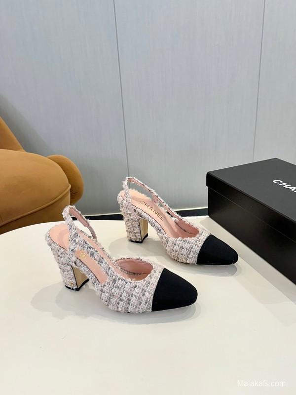 2025 Women Chanel Black White Tweed Leather Slingback Block Heel LY00270