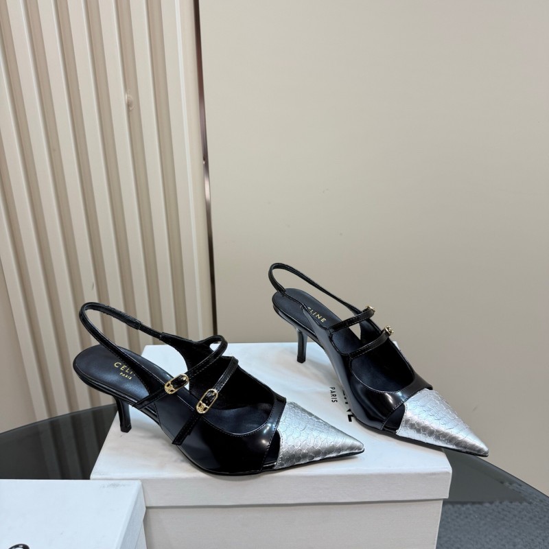 2025 Women Celine Black White Leather Pointed Toe Kitten Heel KFY00310