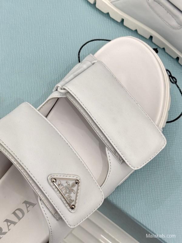2025 Women Prada White Leather Slippers KFY00240