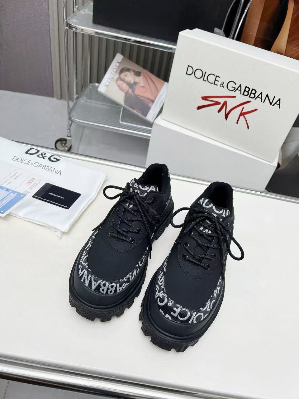 2024 Unisex Dolce & Gabbana Black Fabric Leather Chunky Sneakers