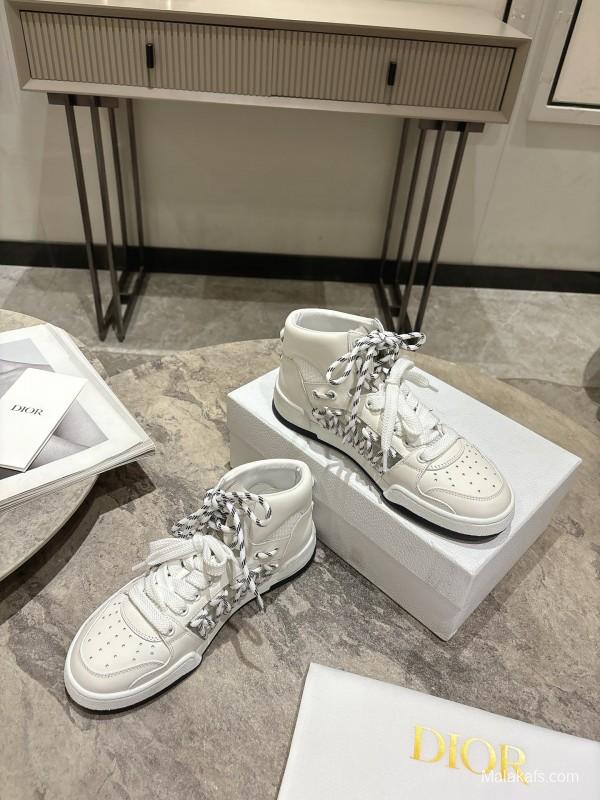 2025 Women Dior White Leather Mesh High-top Sneakers