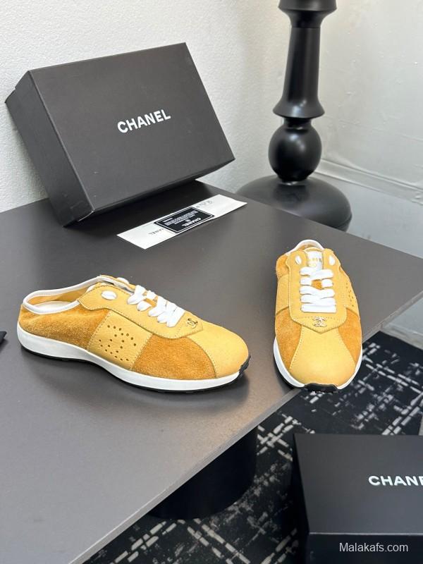 2025 Women Chanel Yellow Suede Casual Sneakers Handmade CC Logo LY00360(F)