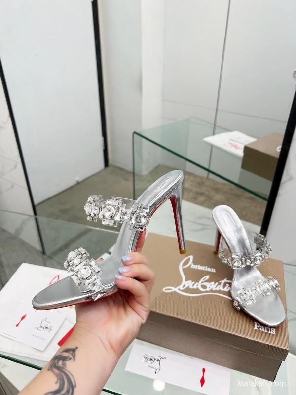 2025 Women Christian Louboutin Silver Leather High Heel Sandals Diamond Decoration LY00300