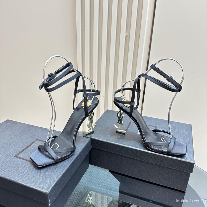 2025 Women Yves Saint Laurent Black Satin High Heel Sandals KFY00290