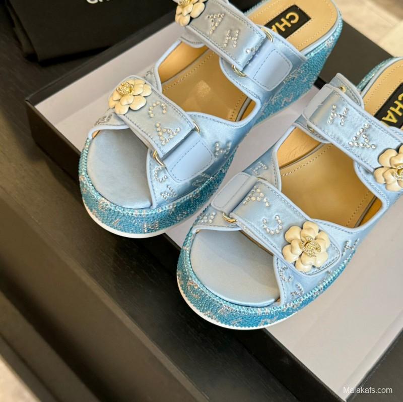 2025 Women Chanel Blue Denim Leather Platform Slippers LY00330