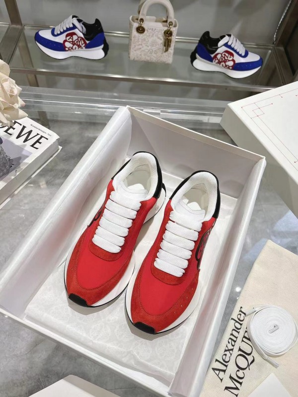 2025 Women Alexander McQueen Red Black Leather Suede Sneakers LY00340