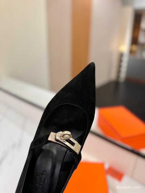 2025 Women Hermès Black Suede Pumps KFY00330